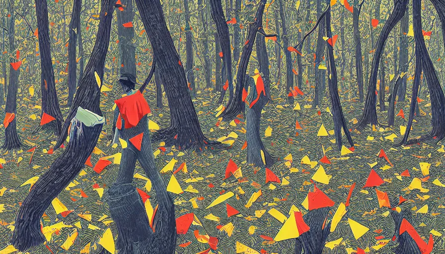 Image similar to safety cones scattered around an oak tree forest, by james jean by ilya kuvshinov kintsugi, hyper detailed surrealist painting