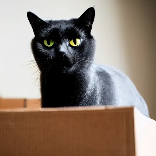 Prompt: a closeup depth of field shot of a black cat whose face is half black and half grey, perfectly split down the middle, laying in a box, photograph, bedroom, professional lighting and focus