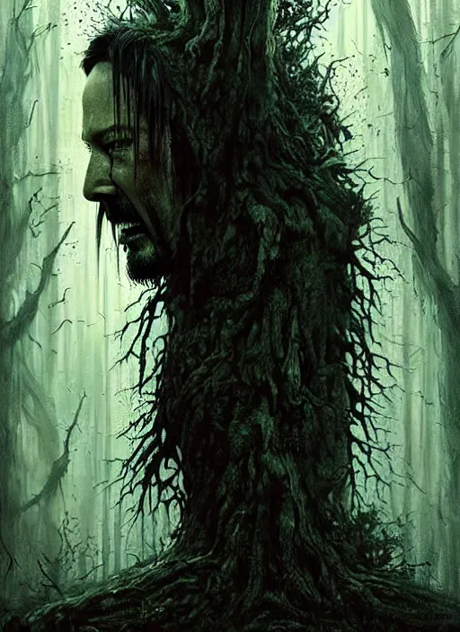 Image similar to highly detailed horror movie poster with angry creepy keanu reeves as a tree, keanu reeves faces in the bark of many trees sentient leafy catastrophe by greg rutkowski, masterpiece, really funny, 1 0 / 1 0 creepy