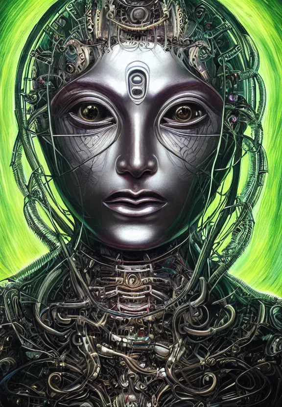 Prompt: perfectly centered portrait, front view of a beautiful biomechanical cyberpunk alien android robot buddha, female, flowing hair, intense stare, sarcastic smile, symmetrical, concept art, intricate detail, volumetric shadows and lighting, realistic oil painting by alex grey and gustave dore,