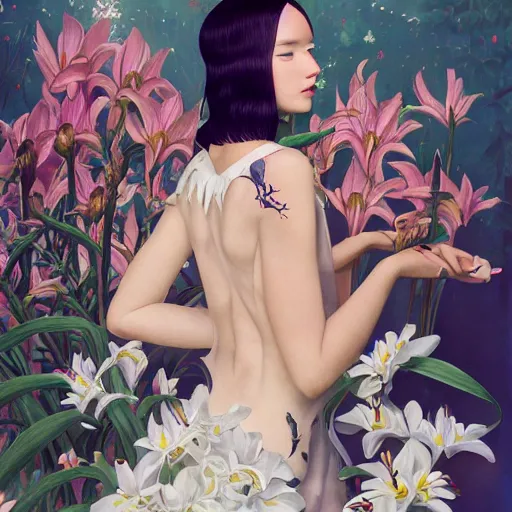 Image similar to pretty model with white lilies : : by martine johanna and simon stalenhag and chie yoshii and casey weldon and wlop : : ornate, dynamic, particulate, rich colors, intricate, elegant, highly detailed, vogue, wolf, harper's bazaar art, fashion magazine, smooth, sharp focus, 8 k, octane render