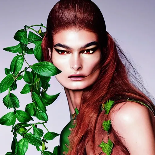 Image similar to “A beautiful portrait of Ophelie Guillermand as Poison Ivy from Batman as a Versace fashion model Spring/Summer 2018, highly detailed, in the style of cinematic, Getty images, Vogue editorial, Milan fashion week backstage, Makeup by Pat McGrath, Greg rutkowski”