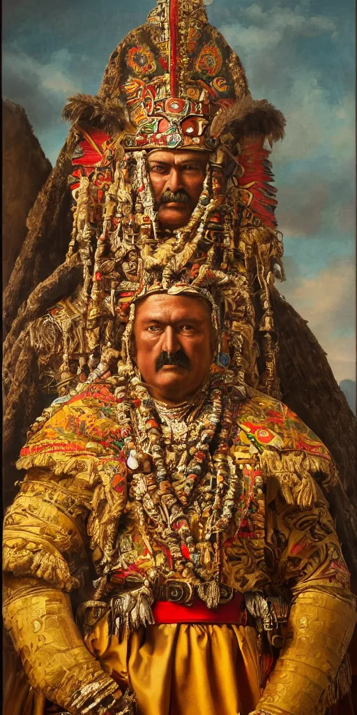 Prompt: Highly detailed and cinematic Renaissance period portrait oil painting of the Aztec emperor Montezuma!! an oil painting ((masterpiece)) by ((Josep Tapiró Baró)), dynamic lighting, 8K, Aztec!!