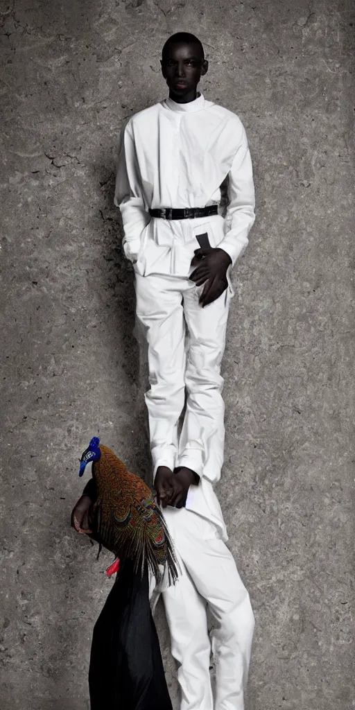 Prompt: fashion photography of a poc model holding an albino peacock wearing uy studio berlin, african model inside berghain, berlin fashion, black model, harnesses, dark outfit, photo 3 5 mm leica, hyperdetail, berghain, total black unisex outfit, stone table, minimalism, 8 k, very detailed