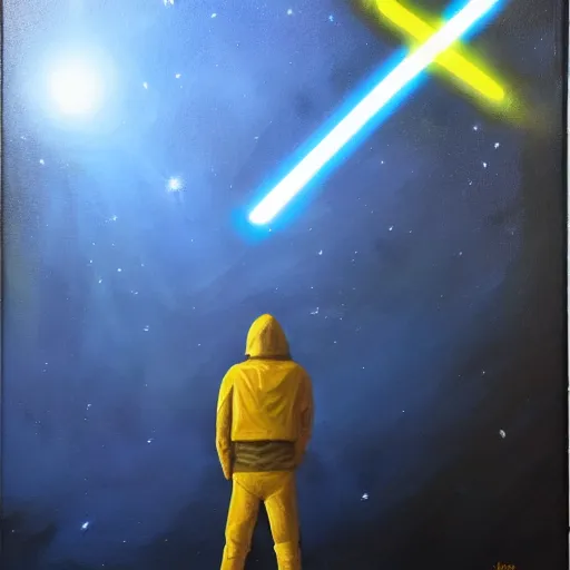 Prompt: a jedi standing with his yellow lightsaber activated from a distance staring at a falling star destroyer, oil painting