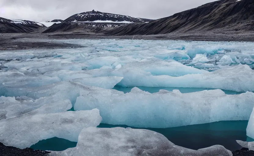 Image similar to icelandic landscape, moody, cinematic, muted colors, glaciers, ice, water