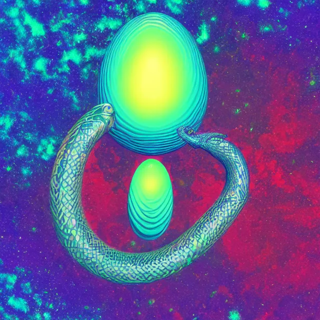 Image similar to a cosmic egg breaking open with a great serpent rising out, occult aesthetics alchemy, award winning art, chromatic aberration polychromatic colors