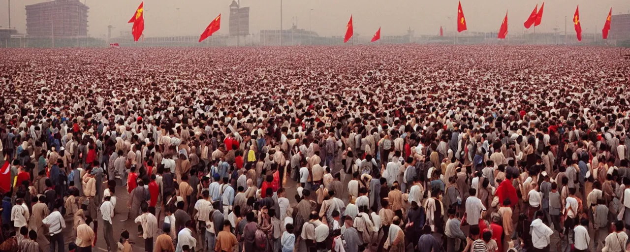 Image similar to tiananmen square protests, china, 1 9 8 9, national geographic, canon 5 0 mm, cinematic lighting, photography, retro, film, kodachrome