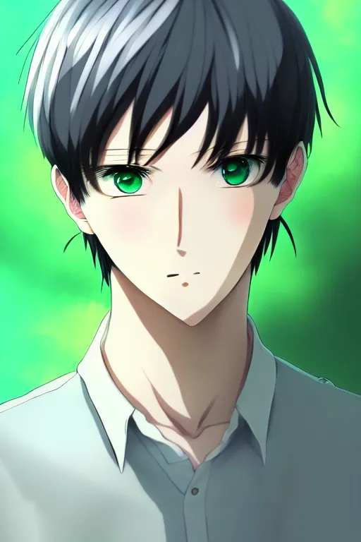 Image similar to anime art full body portrait character concept art, anime key visual of elegant young male, platinum white straight bangs and large green eyes, finely detailed perfect face delicate features directed gaze, trending on pixiv fanbox, studio ghibli, extremely high quality artwork