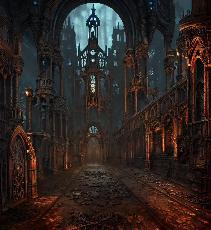 Image similar to steam necropolis, memento mori, gothic, neo - gothic, art nouveau, hyperdetailed copper patina medieval icon, stefan morrell, philippe druillet, ralph mcquarrie, concept art, steampunk, unreal engine, detailed intricate environment, octane render, moody atmospherics, volumetric lighting, ultrasharp, ominous, otherworldly