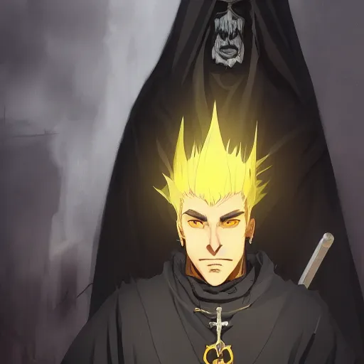 Image similar to a man with spiky white hair and yellow eyes, wearing a black cultist robe, medieval background, highly detailed, digital painting, artstation, matte, by makoto shinkai, animation style, studio ghibli, anime key visual