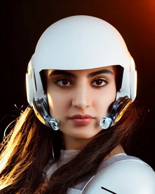 Prompt: centered medium shot fine studio photograph of a beautiful persian girl wearing only a mecha electronic zoroastrian helmet with led lights, ultra-realistic, white background, 8k HDR, intricate detail