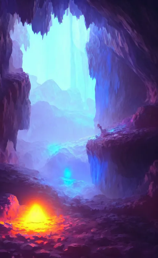 Image similar to a ambient glowing crystal in the distance of a giant cave, crystals, dynamic lighting, ambient lighting, atmospherical, photorealistic fantasy concept art, trending on art station, stunning visuals, creative, cinematic, ultra detailed
