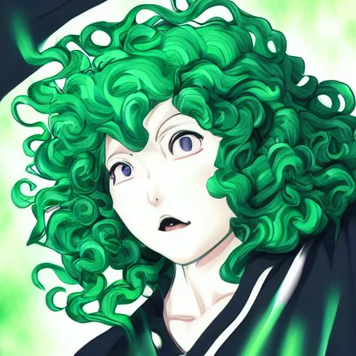 Image similar to beautiful portrait art of tatsumaki with green curly hair, trending on pixiv booru artstation, detailed anime illustration