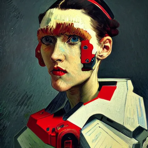 Prompt: Van Gogh portrait painting of a cyborg girl with black and red robotic parts, medium shot, asymmetrical, profile picture, Organic Painting, sunny day, Matte Painting, bold shapes, hard edges, street art, trending on artstation, by Huang Guangjian and Gil Elvgren and Sachin Teng