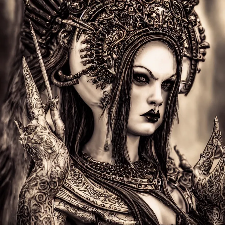 Prompt: perfectly centered close up portrait, candid photography, goddess of death, by anne stokes, updo, highly detailed, accurate