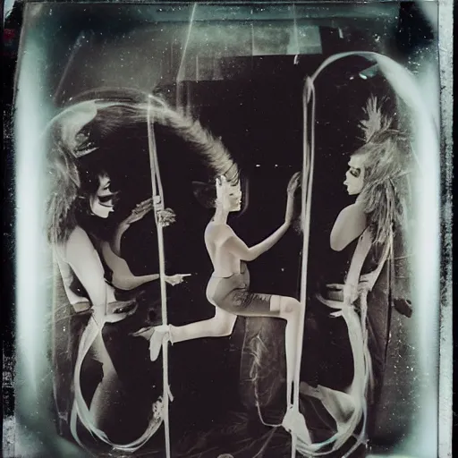 Prompt: polaroid of a surreal artsy dream scene, weird costumes, circus, double exposure