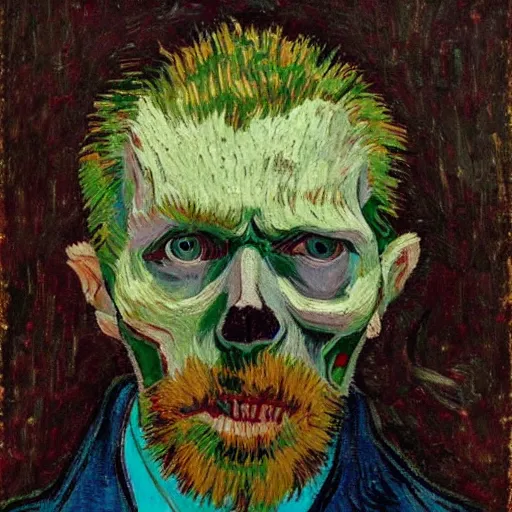 Prompt: portrait of a zombified Vincent van Gogh, visible flesh and skull