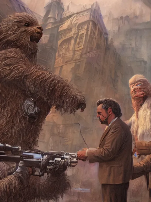 Image similar to rich evans and mike stoklasa save george lucas from a crackhead wookie in 1 9 3 0 s paris, hyperrealistic, 4 k, ultra detailed, intricate detail, octane render, photorealistic, art by wayne barlowe, art by keith parkinson.