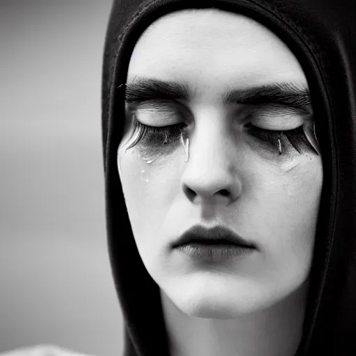 Image similar to minimalist photography portrait of a germanic pagan woman, sad, crying, tear, early middle ages, gash, symmetrical, super close up, mid thirties, cute round slanted eyes, caucasian, wide nostrils, high cheekbones, full cheeks, high flat eyebrows, ethereal essence, leica 1 0 0 mm f 0. 8