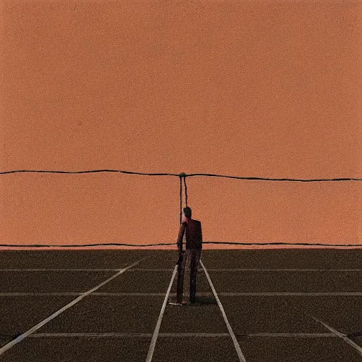 Prompt: a painting of a man standing in front of a high wire fence by emiliano ponzi, james gilleard, dystopian art