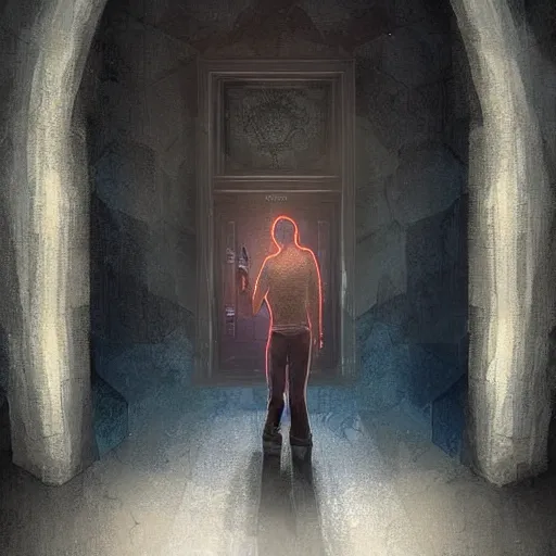 Prompt: a man through a mystical door leading to another dimension, fantasy, artstation detailed digital art