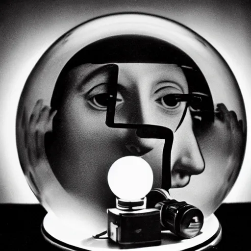 Image similar to Marcel Duchamp holding a light-producing sphere with cables attached, 35mm film, icon by Marcel Duchamp, LHOOQ, Mona Lisa with a mustache, absurd, film grain, lens flare