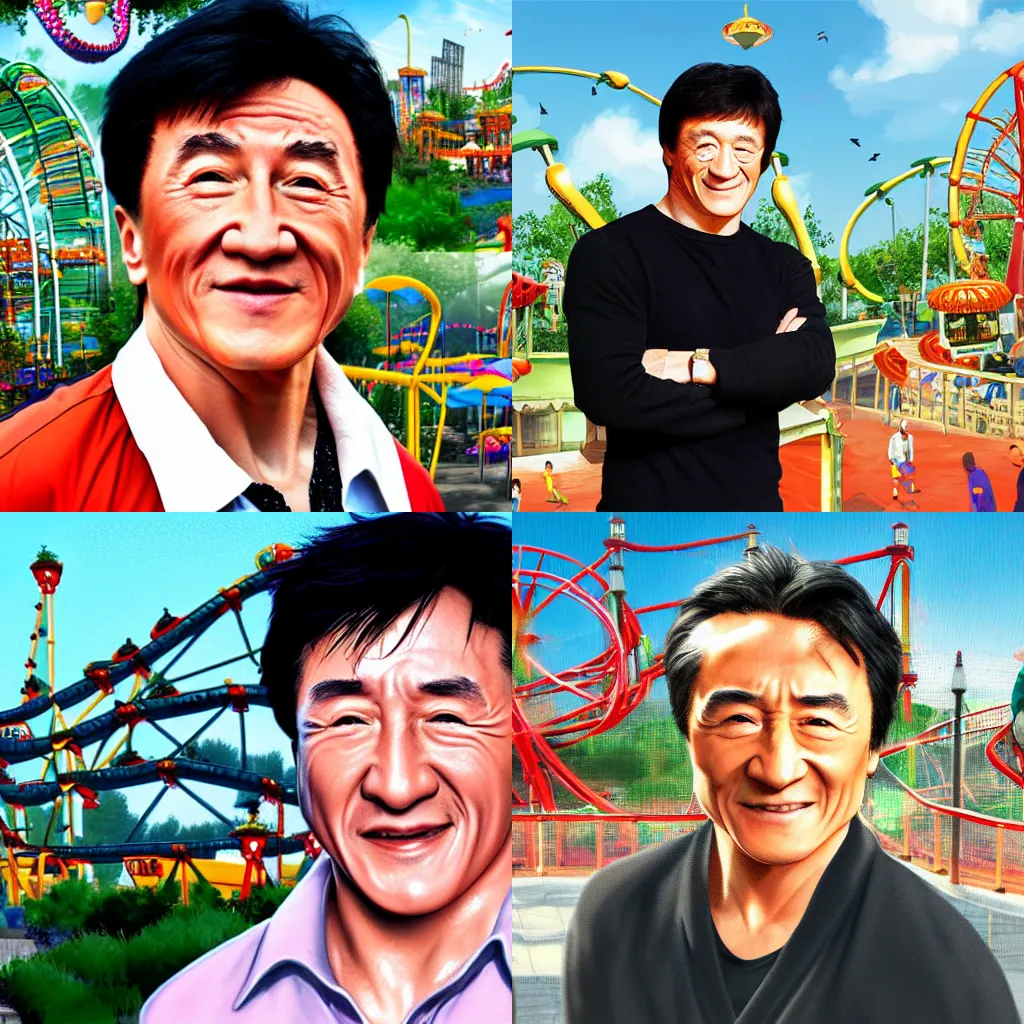 Prompt: portait of jackie chan with amusement park in background, highly detailed digital art realistic