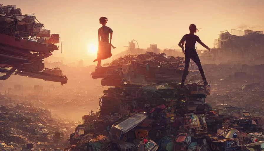 Image similar to kid standing on pile of cars on garbage dump, wasteland city, sunset sky, nostalgia feeling, greg rutkowski, alphonse mucha, trending on artstation, 4 k highly detailed art, digial art, karl schulschenk, dmitriy eremenkov