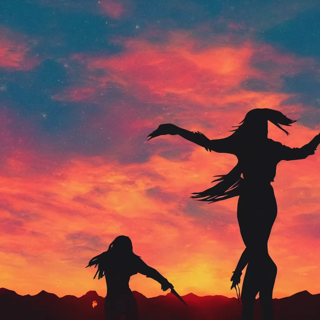 Prompt: woman ninja silhouette, neon road, stary sky, retrowave sunset, movie poster