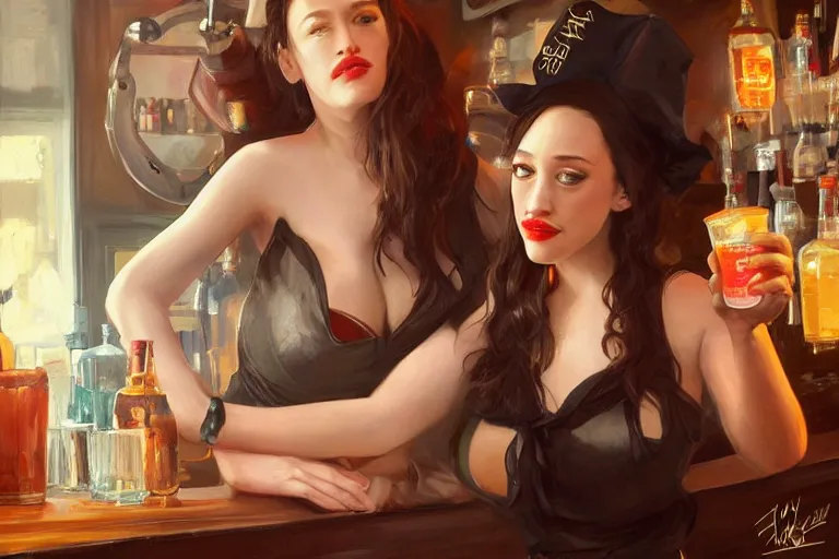Prompt: A portrait of a Kat Dennings as a seductive bar maid serving drinks at a pub Ruan Jia and Mandy Jurgens and Artgerm and william-adolphe bouguerea, highly detailed, trending on artstation, award winning, H 768