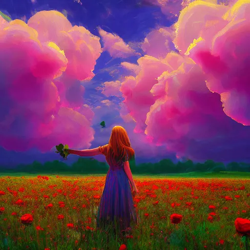 Image similar to giant rose flower head, full body girl standing in a flower field, surreal photography, sunrise, dramatic light, impressionist painting, colorful clouds, digital painting, artstation, simon stalenhag