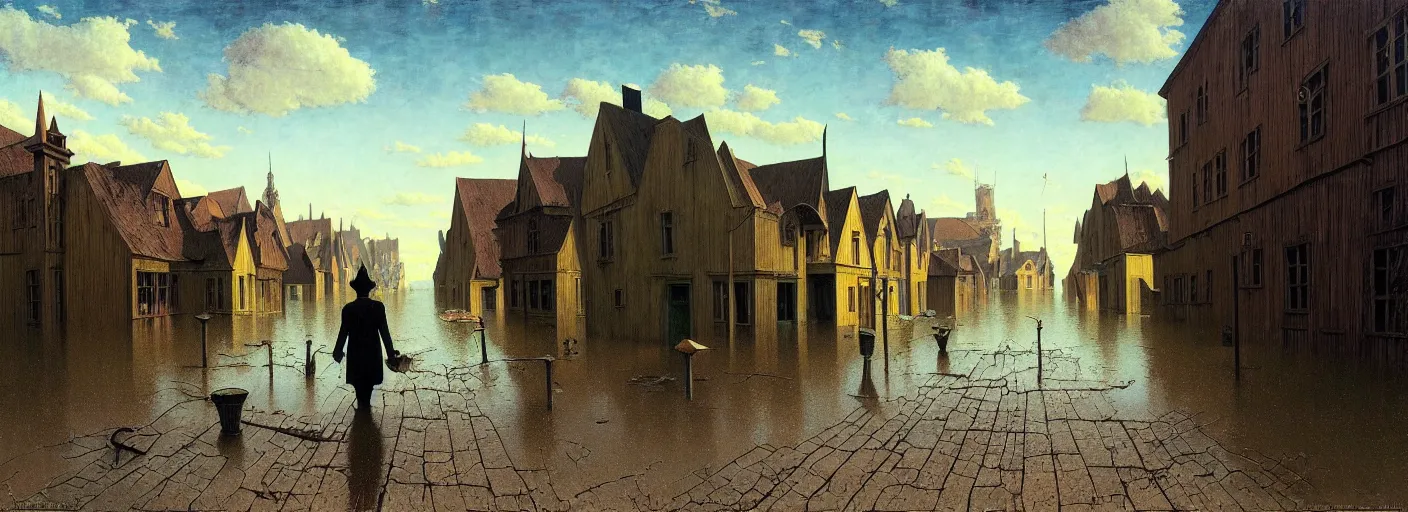 Prompt: flooded! old wooden empty cursed city street, very coherent and colorful high contrast masterpiece by franz sedlacek rene magritte gediminas pranckevicius norman rockwell, full - length view, dark shadows, sunny day, hard lighting, reference sheet white background