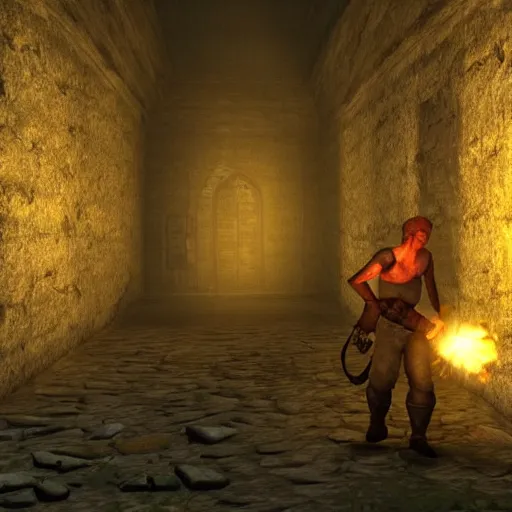 Image similar to a man holds a torch and explores a Dungeon, luminous,Screenshot from a videogame