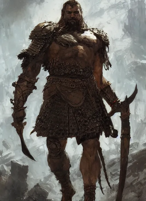 Prompt: ancient historically accurate depiction of the Bible Character Goliath of Gath, the Philistine warrior giant in ancient persian chainmail armor, dramatic lighting art by Yoji Shinkawa by Richard Schmid by greg rutkowski by Sandra Chevrier by Jeremy Lipking cinematic dramatic