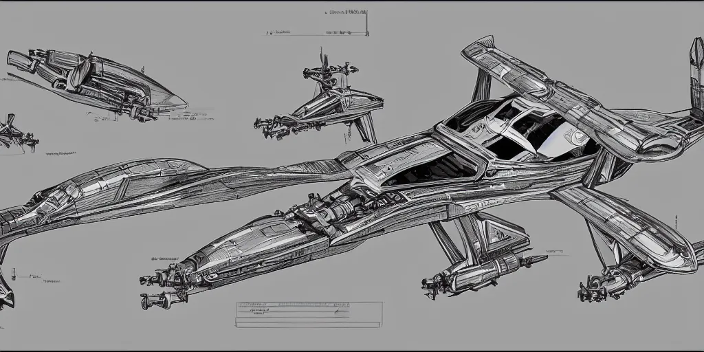 Prompt: highly detailed schematic, technical drawing, orthographic view, sci-fi hover racer, sci-fi pod racer