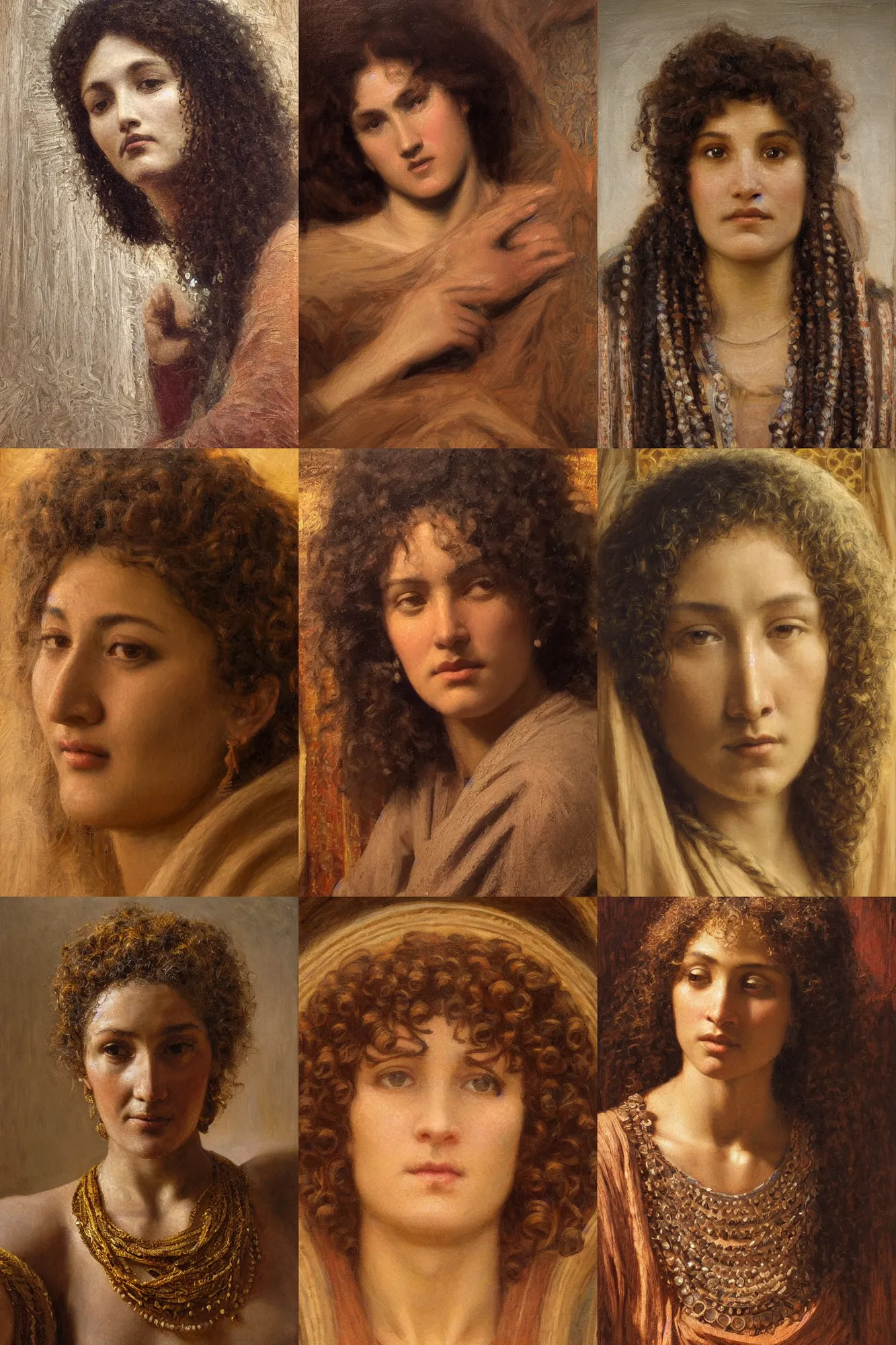 Prompt: orientalism face detail of an oracle with thick curls by edwin longsden long and theodore ralli and nasreddine dinet and adam styka, masterful intricate art. oil on canvas, excellent lighting, high detail 8 k