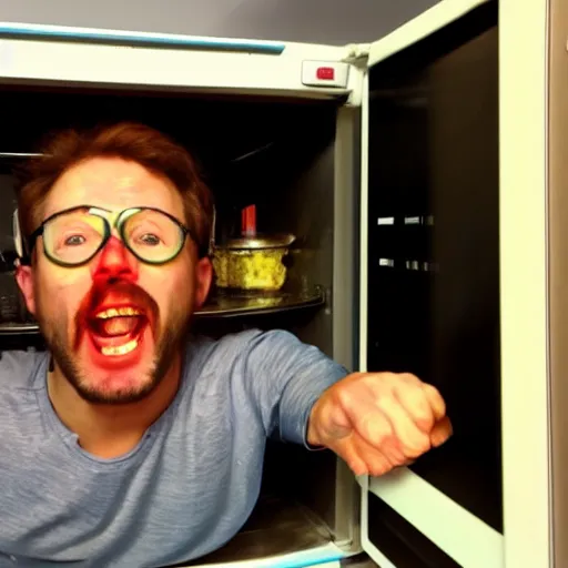 Image similar to crazy man inside a microwave, selfie, uncomfortable