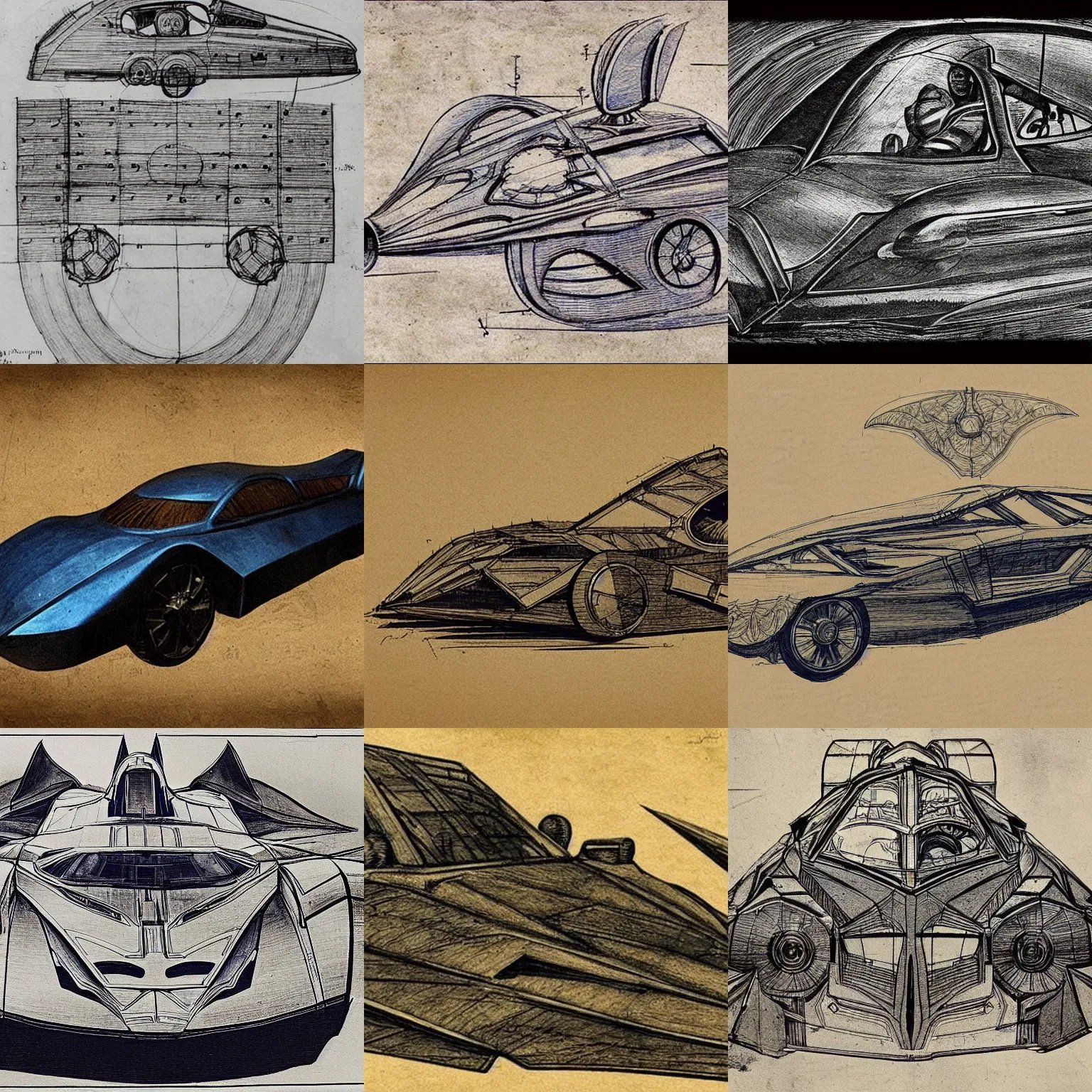 Prompt: a blueprint of the batmobile by leonardo da vinci, highly detailed