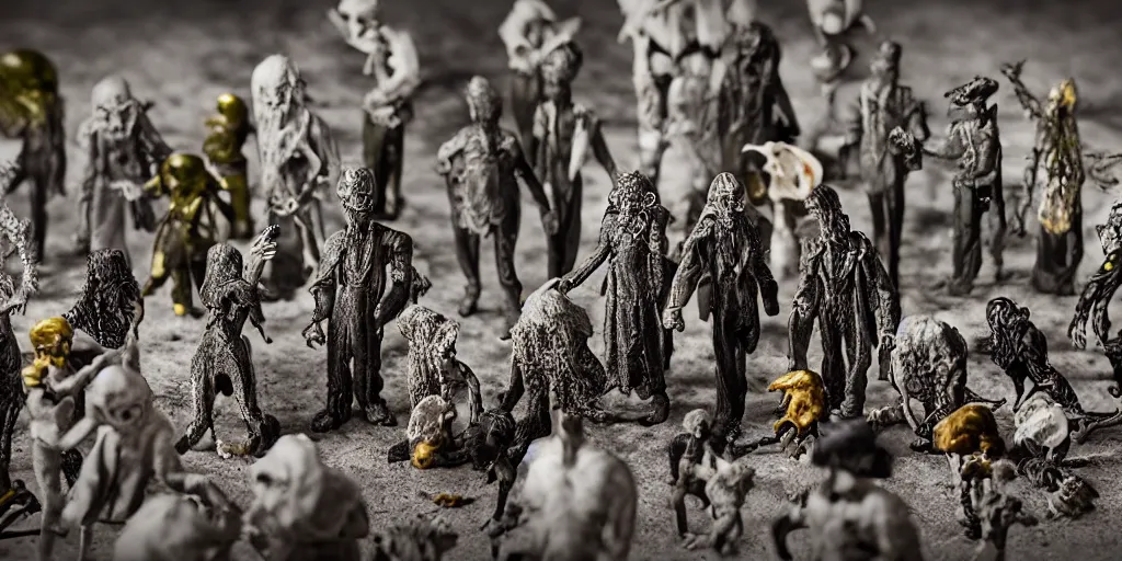 Image similar to miniature figurines of lovecraft's elder gods, detailed, tilt shift, product photography