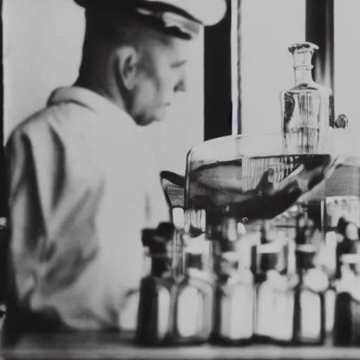 Image similar to a man in a uniform observing the sealing of a number of important looking bottles of spirits