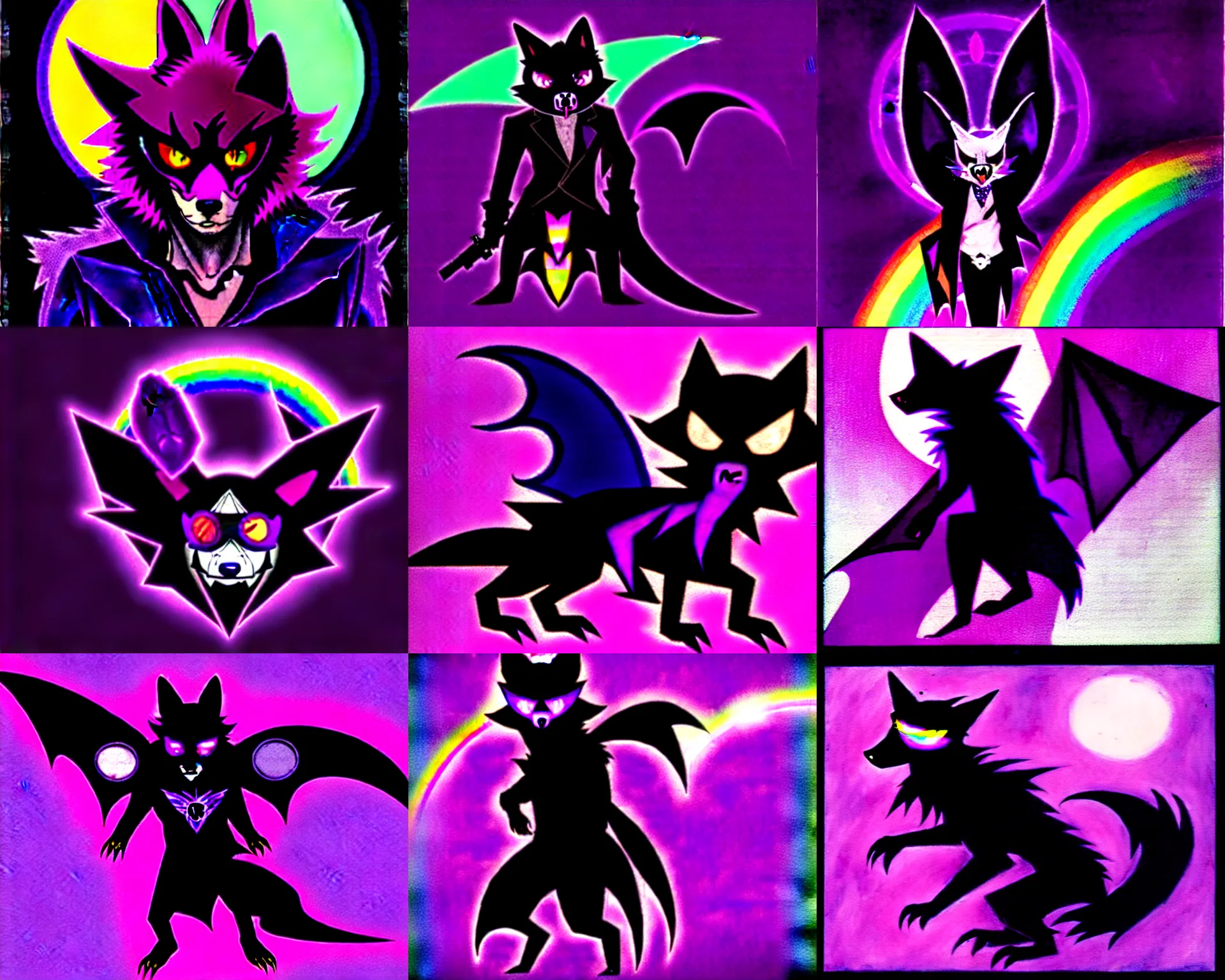 Image similar to a purple wolfbat fursona with an eyepatch and a long glowing rainbow tail, traversing a shadowy city, drawn in a noir style, reminescent of max payne and ghost in the shell, style of purple rain album cover ( by prince ), dark colors