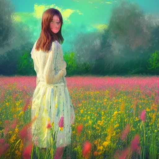 Image similar to woman standing in flower field, mattepainting, artstation, impressionism, blooming flower body