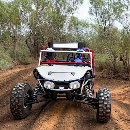 Prompt: nn off road buggy drives towards the viewer along a forest dirt track. the vegetation is sparse scrub. the driver is male and smiling. the buggy has an open frame build with mounted search lights. the sky is cloudy and dust is being thrown up by the buggy's wheels