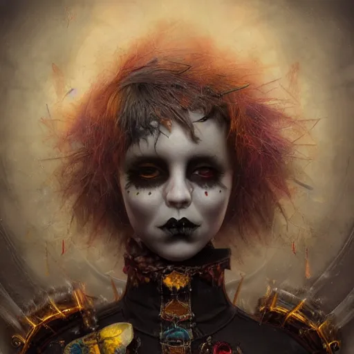 Prompt: photorealistic portrait of a curiosities carnival, single doll punk in a full gothic armor, multiple dyed colors haircut, heroic, symmetry accurate features, focus, rainbow lighting, very intricate details, award winning masterpiece, by tom bagshaw, ultra deep fog background