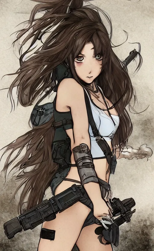 Prompt: soldier girl running in smoke and dirt, trading card front, anime style, long hair, hair down, symmetrical facial features, symmetrical body features, from girls frontline, hyper realistic, pale skin, 4k, rule of thirds, extreme detail, detailed drawing, trending artstation, hd, fantasy, D&D, realistic lighting, by Alphonse Mucha, Greg Rutkowski, sharp focus, backlit, soldier clothing