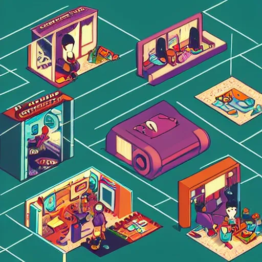 Prompt: a comic strip storyboard layout, award winning isometric illustration by jeremiah ketner