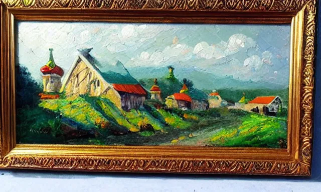 Image similar to beautiful landscape of Russian village, sunny and little cloudy, oil painting, high quality