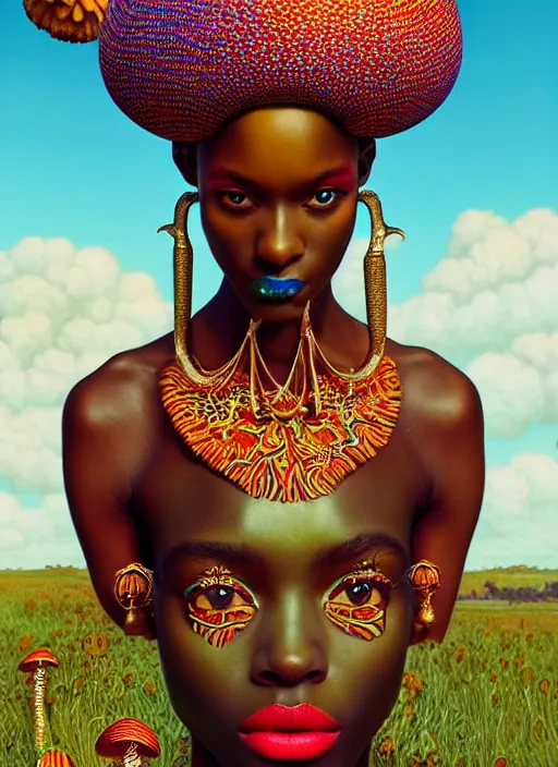 Image similar to pretty african model with hallucination mushroom : : by martine johanna and simon stalenhag and chie yoshii and casey weldon and wlop : : ornate, dynamic, particulate, rich colors, intricate, elegant, highly detailed, vogue, harper's bazaar art, fashion magazine, smooth, sharp focus, 8 k, octane render,