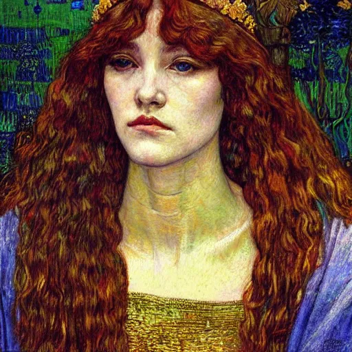 Image similar to detailed realistic beautiful young medieval queen face portrait by jean delville, gustav klimt and vincent van gogh, art nouveau, symbolist, visionary, gothic, pre - raphaelite